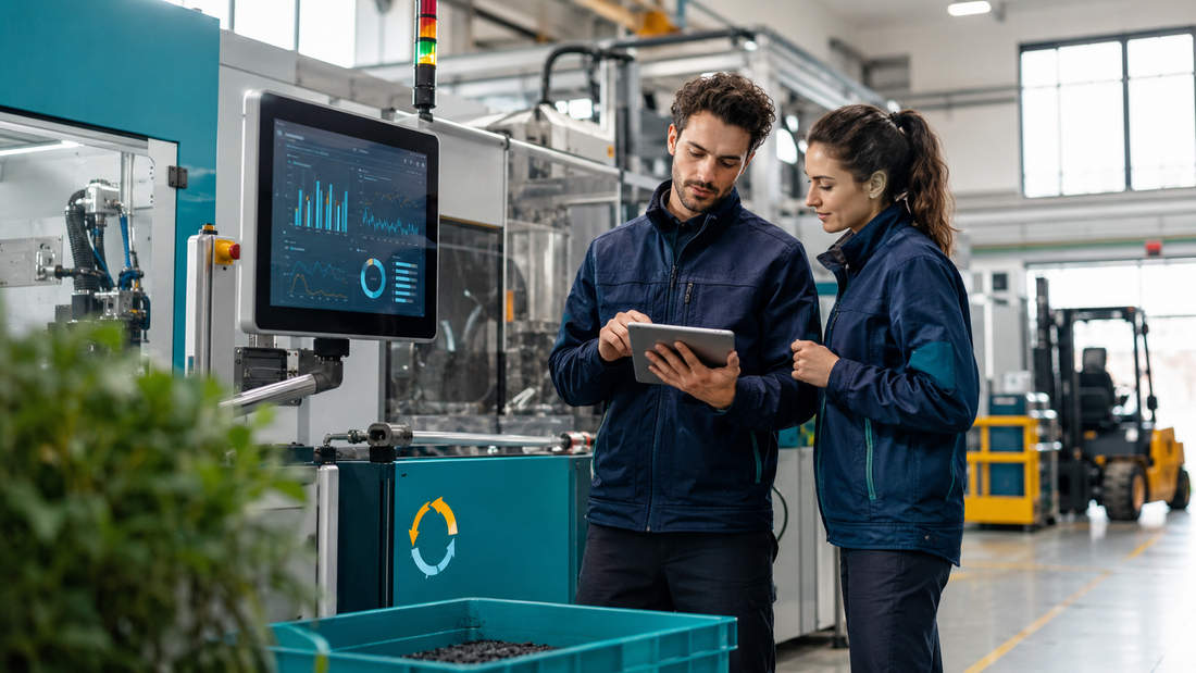 Tecnici al lavoro su macchinari efficienti e digitali in una PMI