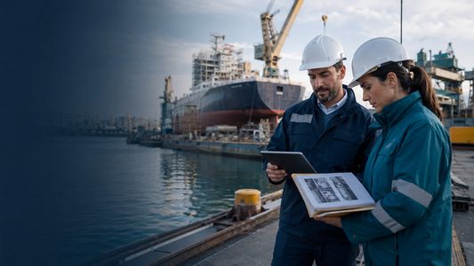 Professionisti della sicurezza esaminano documentazione in un cantiere navale