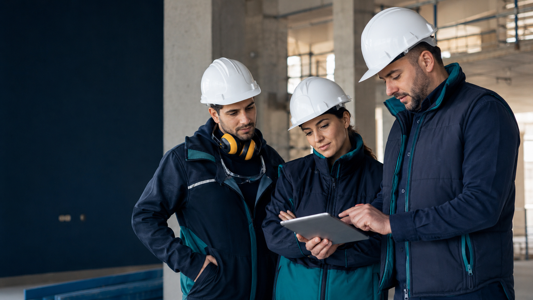 Professionisti dell’edilizia verificano un piano di sicurezza e formazione