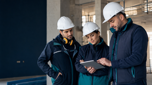 Professionisti dell’edilizia verificano un piano di sicurezza e formazione