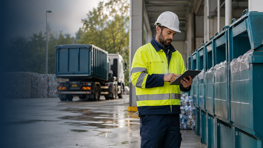 Professionista ambientale consulta il registro digitale dei rifiuti in un impianto organizzato
