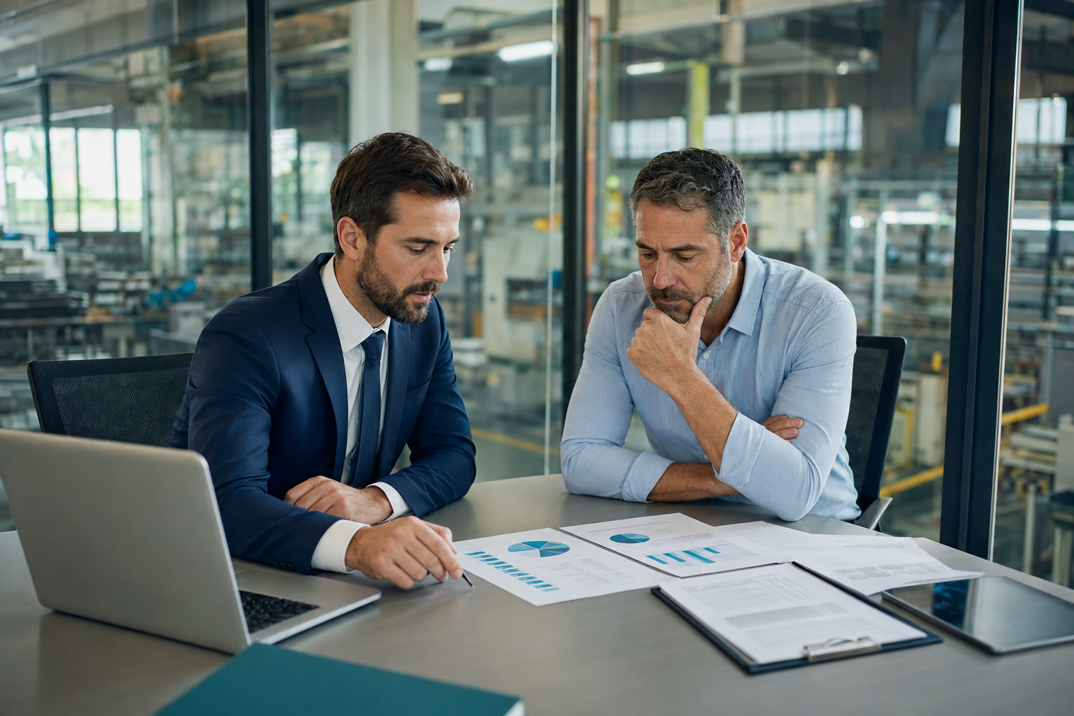 Consulente e imprenditore valutano un progetto di investimento e finanziamento