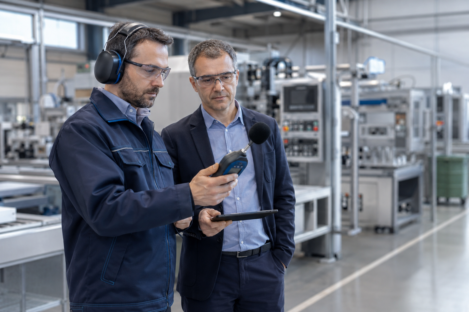 Consulente HSE durante un rilievo del rumore in uno stabilimento produttivo